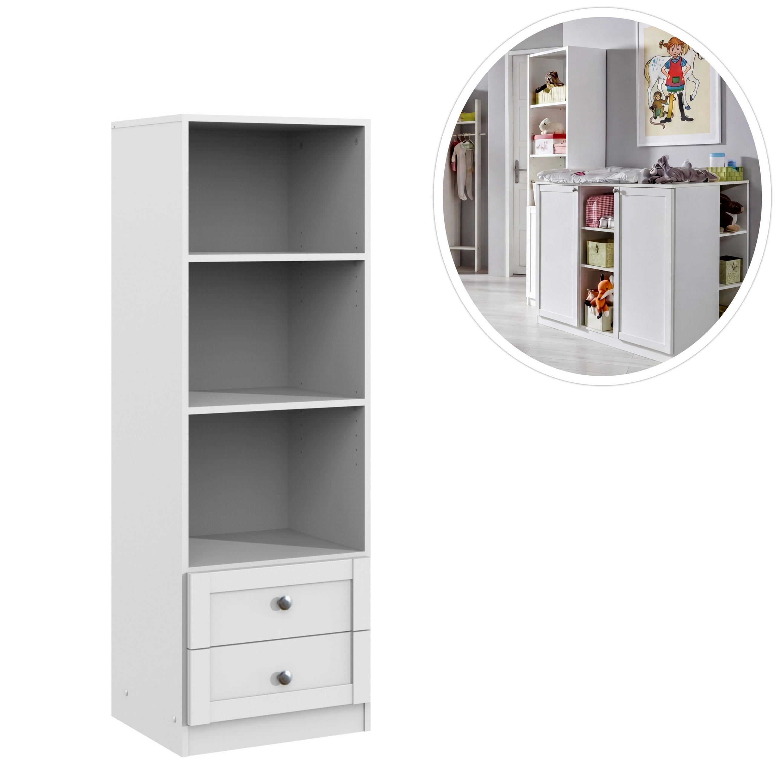 BABYZIMMER-ZUBEHÖR: Standregal mit Schubladen B46/H135/T40 cm, Landhausstil Weiß / 22800-04 - Silberfarben/Weiß, Holzwerkstoff/Metall (46/135/40cm) - luma-home