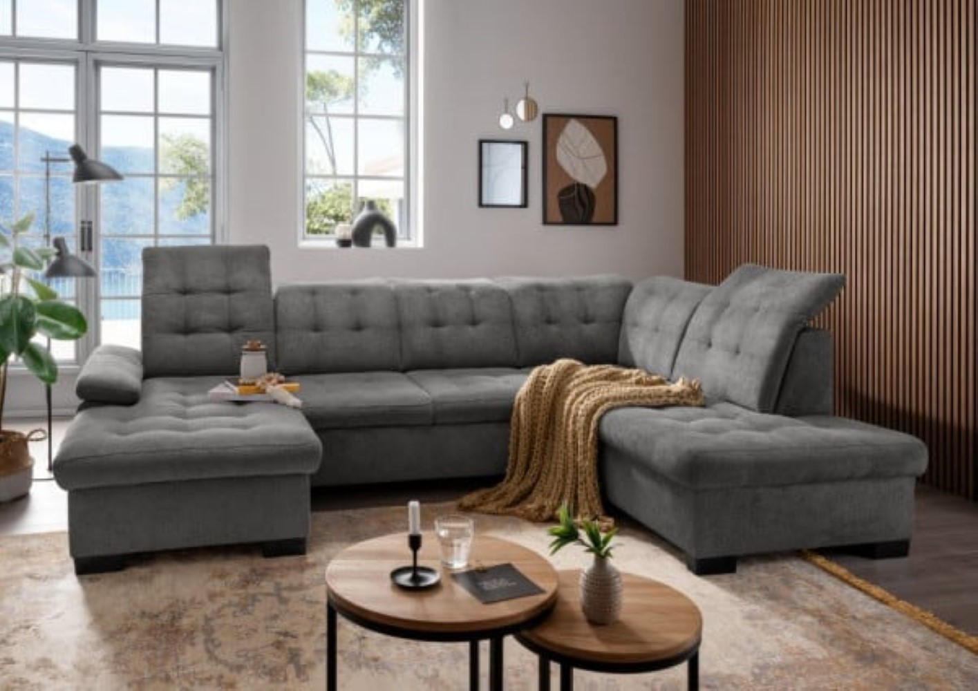 WOHNLANDSCHAFT mit Schlaffunktion und Bettkasten, verstellbare Kopflehnen - Schwarz/Grau, Kunststoff/Textil (216/163/305cm) - myHomelando