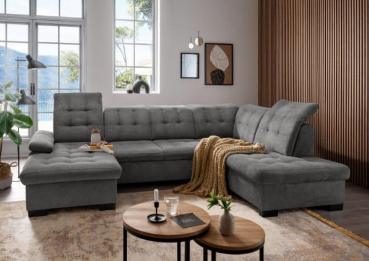 WOHNLANDSCHAFT mit Schlaffunktion und Bettkasten, verstellbare Kopflehnen - Schwarz/Grau, Kunststoff/Textil (216/163/305cm) - myHomelando