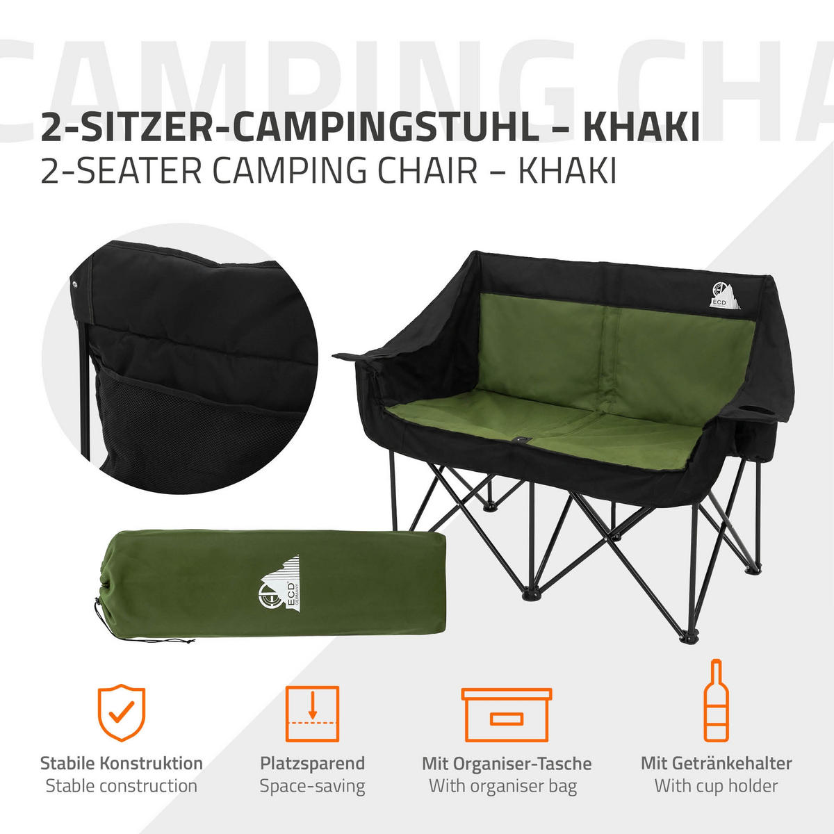 CAMPINGSTUHL 2-Sitzer Khaki faltbar mit Stahlgestell 54,5x145,92 cm - Grün, Textil (145/92/54.5cm) - ECD-Germany