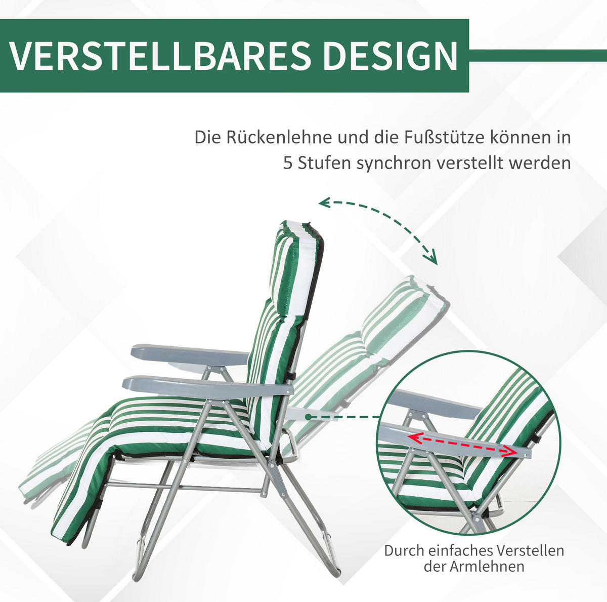 GARTENLIEGEN-SET 60/75/102 cm klappbar mit 5-fach verstellbarer Rückenlehne und Polsterung, Grün - Grün, Metall (75/102/60cm) - Redom