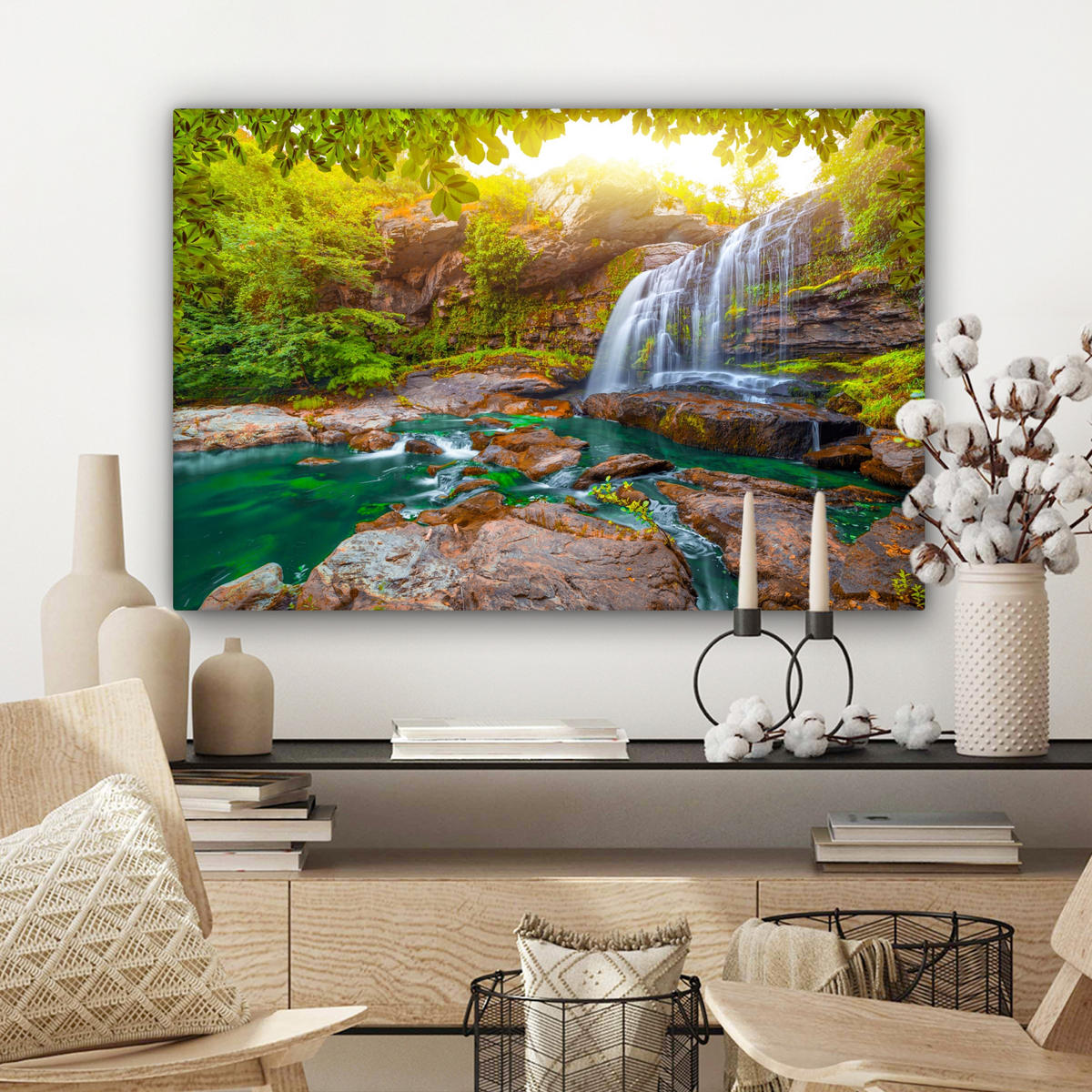 LEINWANDBILD Natur - Wasserfall - Pflanzen - Bäume - Sonne Gemälde 60x40 cm - Olivgrün, Textil (60/40cm) - MuchoWow