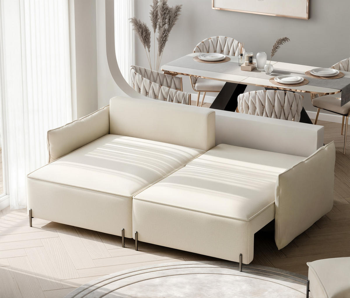 ECKSOFA MARCO Links, mit Schlaffunktion und Bettkasten, Creme - Creme, Textil/Metall (221/148cm) - Idohome