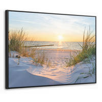 LEINWAND Bilder mit Rahmen - Strand - Sonne - Düne - Gras - Sand - Horizont - 70x50 - Hellblau, Textil (70/50cm) - MuchoWow