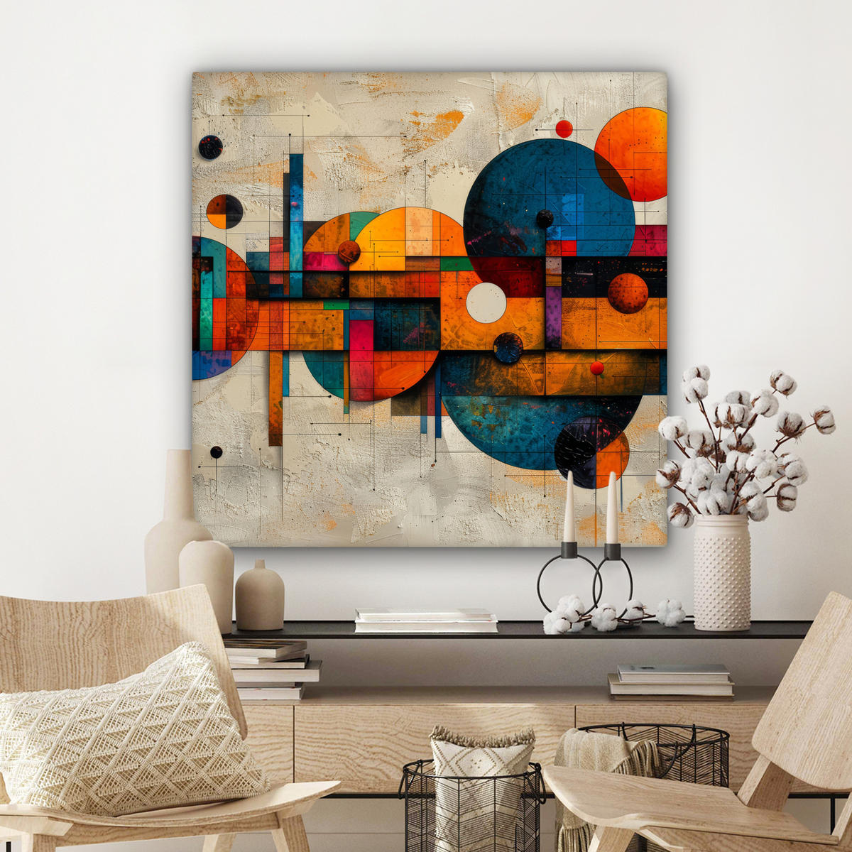 LEINWANDBILD - Vintage - Moderne Kunst - Orange - Geometrische Formen - 90x90 - Gemälde - Multicolor, Textil (90/90cm) - MuchoWow