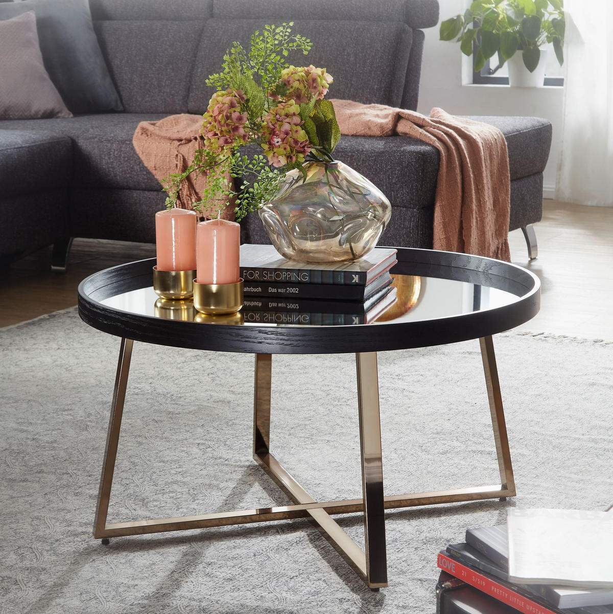 COUCHTISCH Rund in Gold, Material aus Metall und Glas, 78x42,5 cm - Goldfarben/Schwarz, Glas/Metall (78/78/42cm) - KADIMA DESIGN