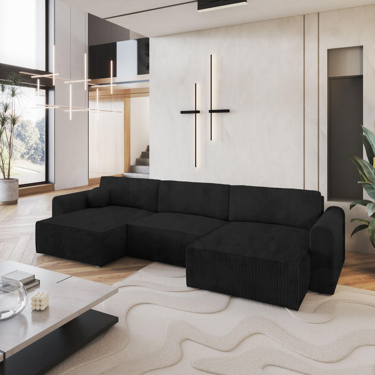 WOHNLANDSCHAFT FENTO P Schwarz Kordstoff mit Schlaffunktion - Schwarz, Holz (347/90/148cm) - MASSENO