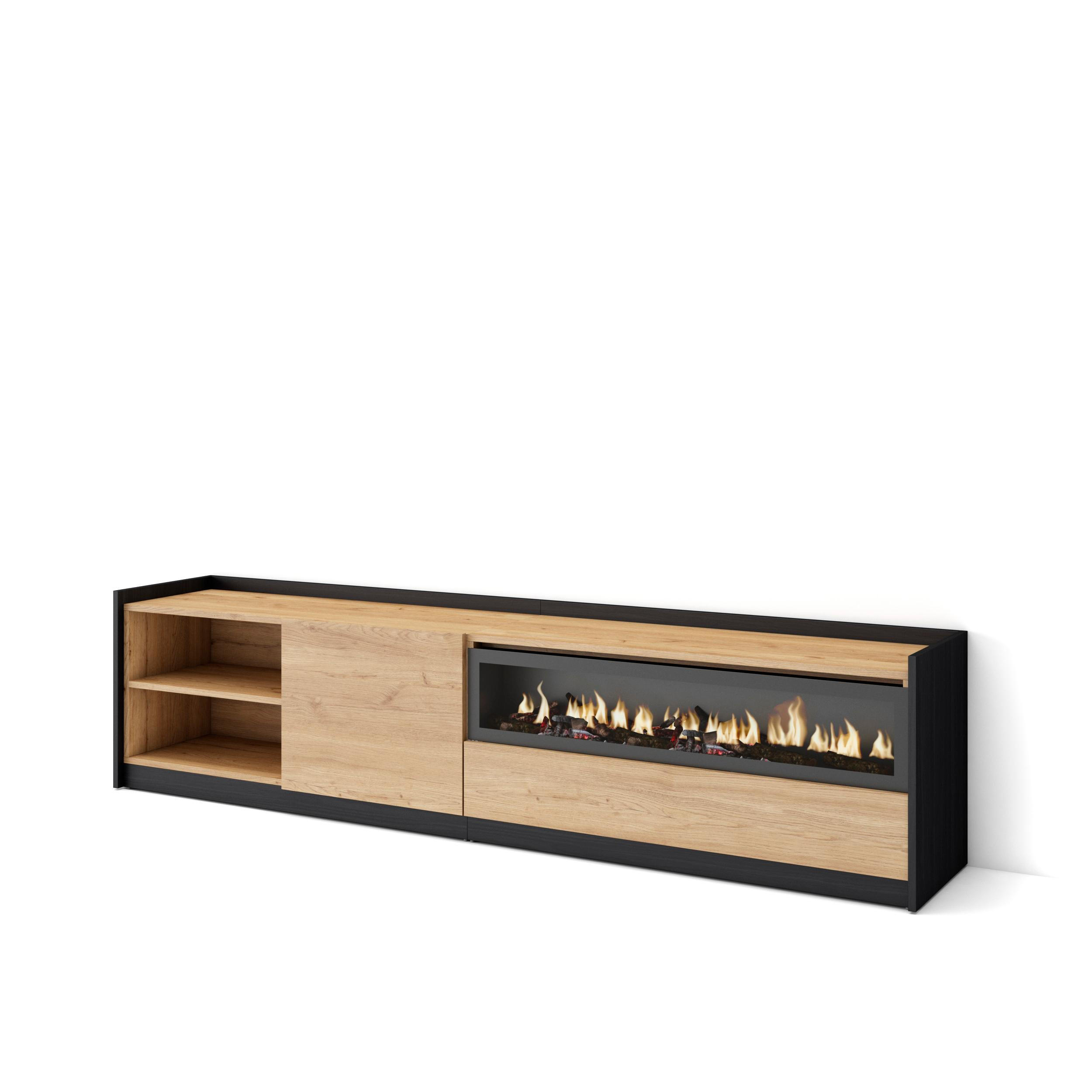 TV-SCHRANK, Lowboard, Eiche Schwarz, Elektrokamin, 207/37/50cm - Eichefarben, Holzwerkstoff (207/50/37cm) - Skraut Home