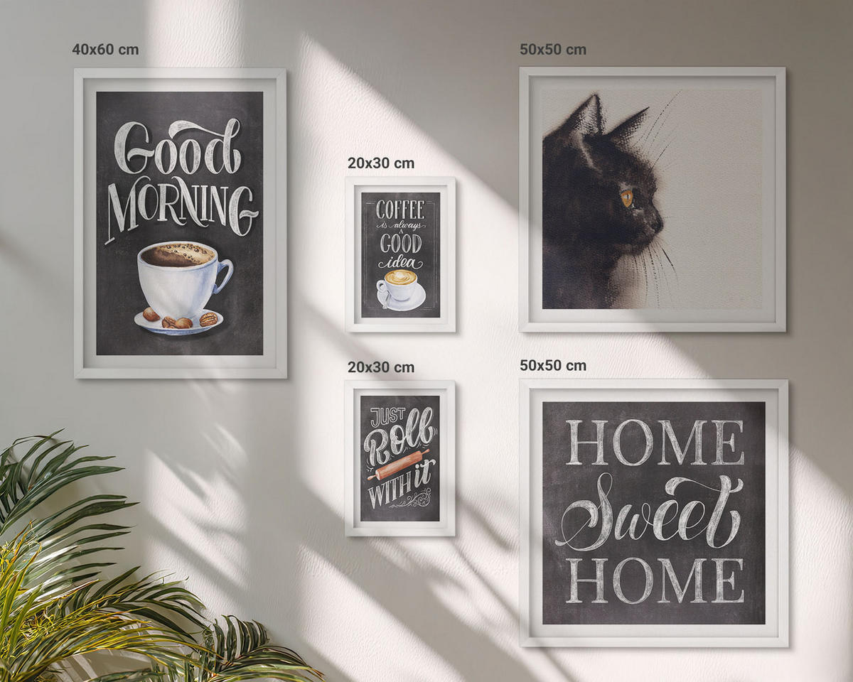 BILDER SET 5er Set - 50x50 cm & 20x30 cm & 40x60 cm Weißer Rahmen - Hausküchenthemen Katze - Weiß, Kunststoff (40/60cm) - TULUP