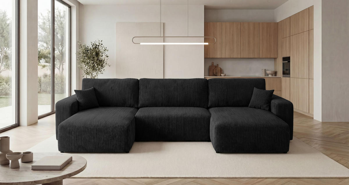WOHNLANDSCHAFT BERLIN U-Form schwarz Cord Poso 135 - Schlaffunktion, Bettkasten - Schwarz, Textil (385/86/185cm) - Cornero