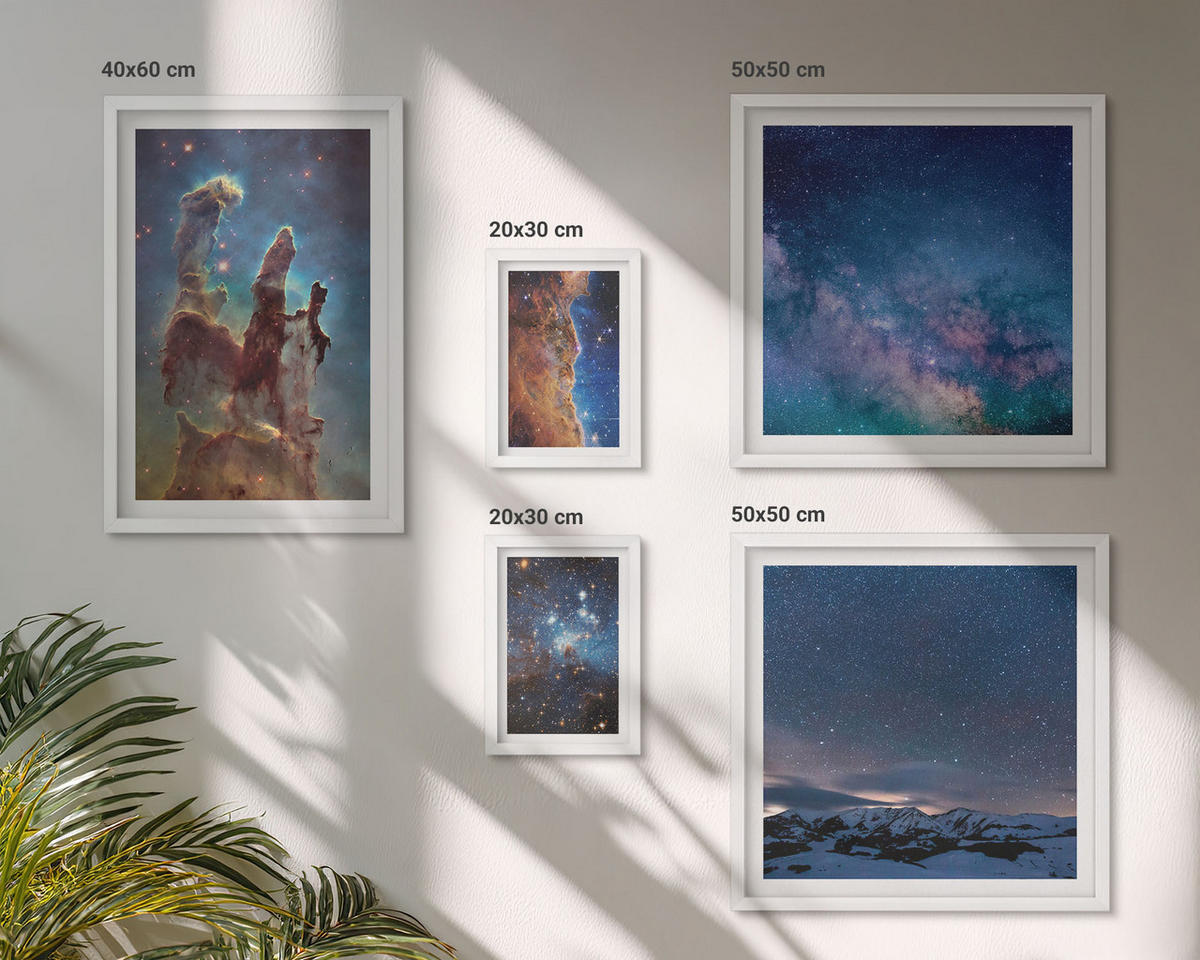 BILDER SET 5er Set - 50x50 cm & 20x30 cm & 40x60 cm Weißer Rahmen - Weltraumlandschaften von Galaxien - Weiß, Kunststoff (40/60cm) - TULUP