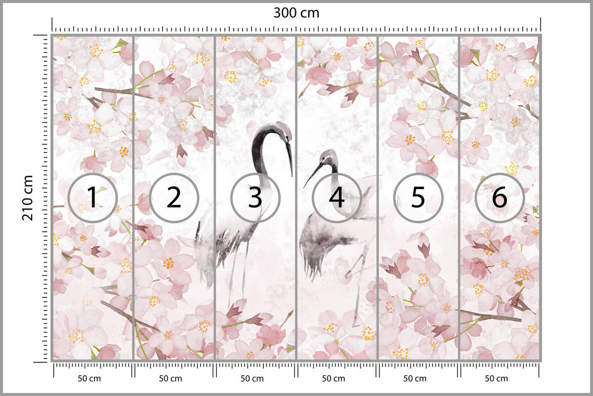 FOTOTAPETE Kraniche Kirschblüten Aquarell Natur Modern Rosa Vintage Blüten 300x210 - Beige/Rosa, Papier (300/210cm) - Muralo
