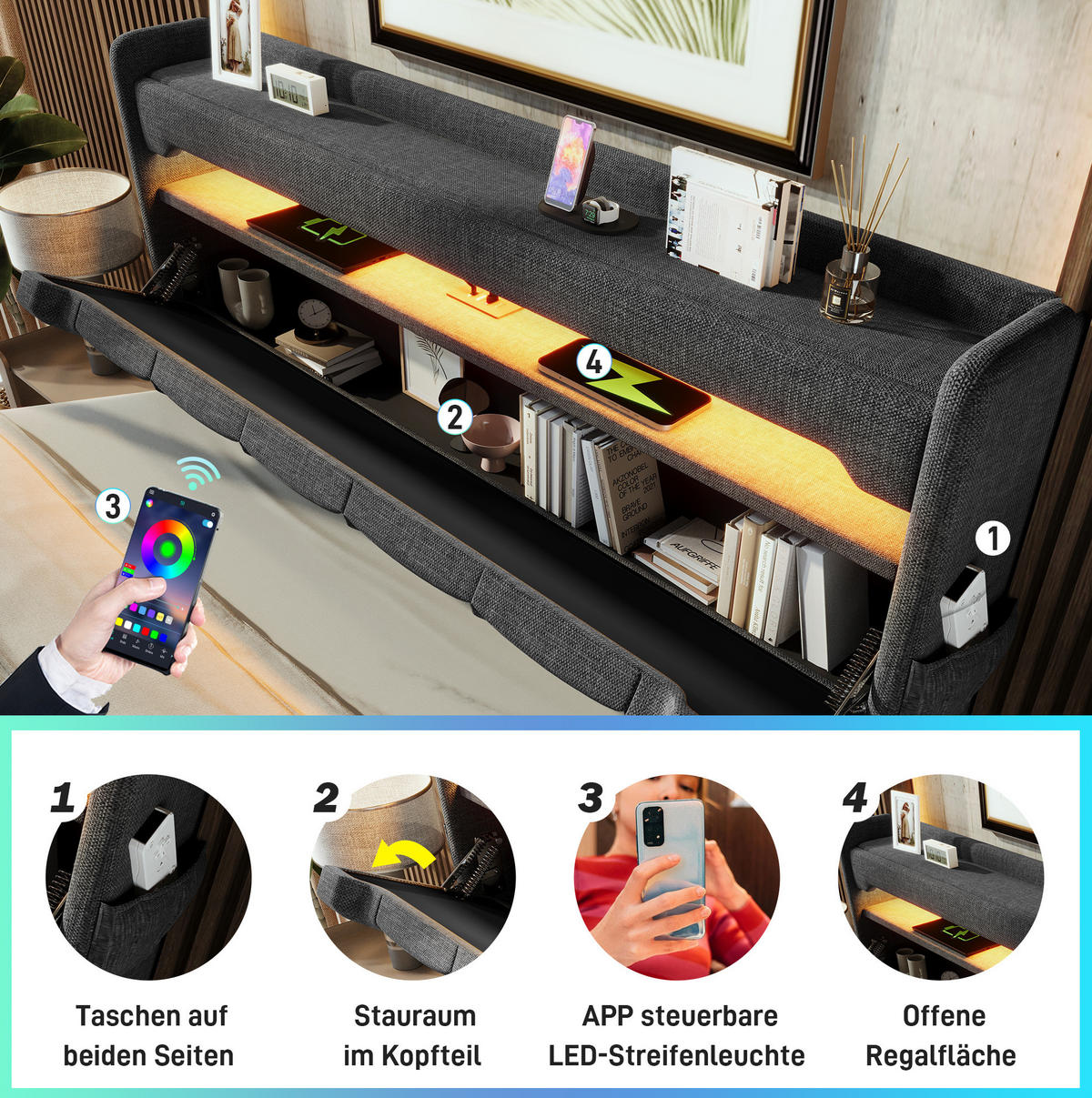 POLSTERBETT 160/200 cm mit LED, USB-C und hydraulischem Stauraum, Leinenoptik,und Matratze, Grau - Grau, Textil (160/200cm) - Redom