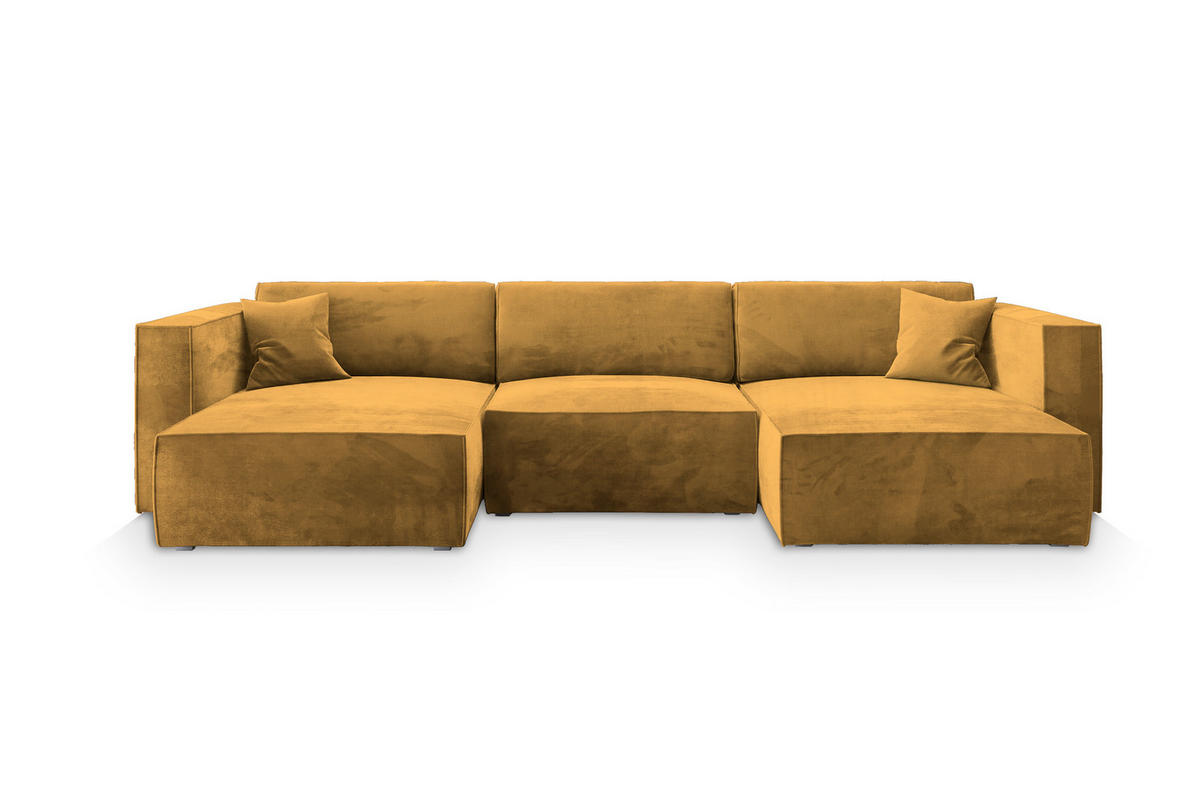 WOHNLANDSCHAFT SARMO M Gelb Velours-Stoff mit Schlaffunktion - Gelb, Holz (347/70/148cm) - MASSENO