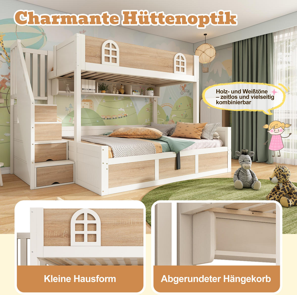 ETAGENBETT Holz 140x200 cm Weiß/Natur mit Treppenschrank, Stauraum und Lattenrosten - Weiß, Holz (140/200cm) - Modfu