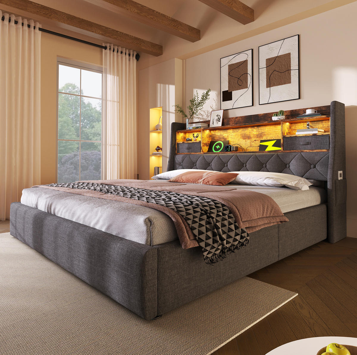 POLSTERBETT mit LED-Beleuchtung 140/200 cm mit Bettkasten & gepolstertem Kopfteil - Grau, Textil (140/200cm) - BEAOK
