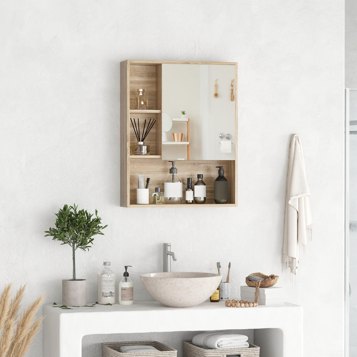 SPIEGELSCHRANK, platzsparend, mit Tür, Wandmontage, 60 x 15 x 76 cm ,Eiche - Braun, Glas (60/76/15cm) - Vallsero