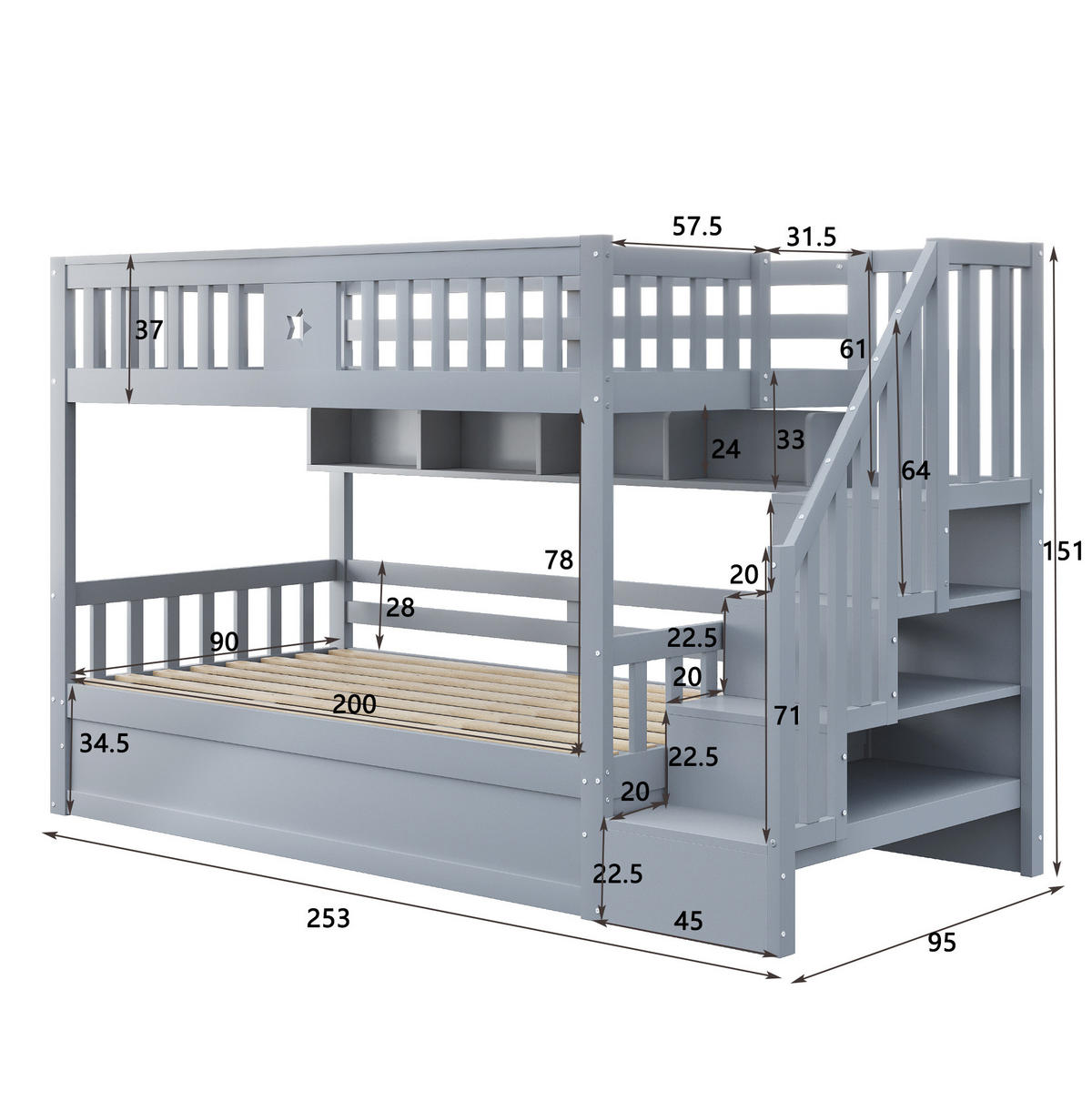 HOCHBETT 90/200 cm Grau mit hydraulischem Unterbett - Grau, Holz (90/200cm) - MIVRAY