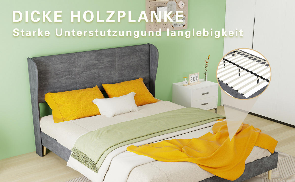 POLSTERBETT 140/200 cm mit gepolstertem Kopfteil und Matratze, Grau - Grau, Textil (140/200cm) - Redom