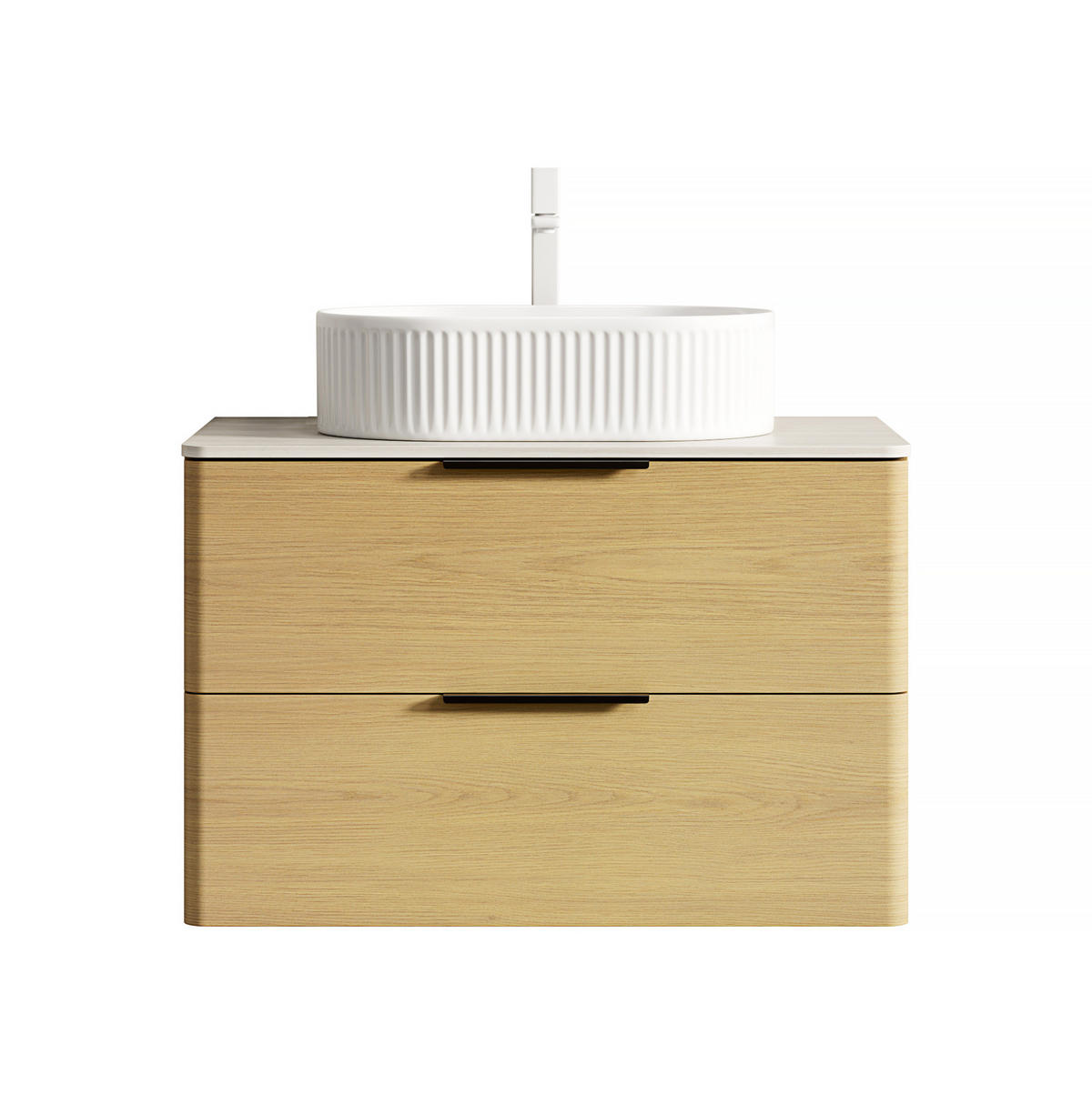 WASCHTISCHUNTERSCHRANK 75x46x62.2cm Beige/Eiche/Weiß mit ovalem Keramikbecken & Travertin-Arbeitsplatte - Eichefarben, Keramik (75/62.2/46cm) - Modfu