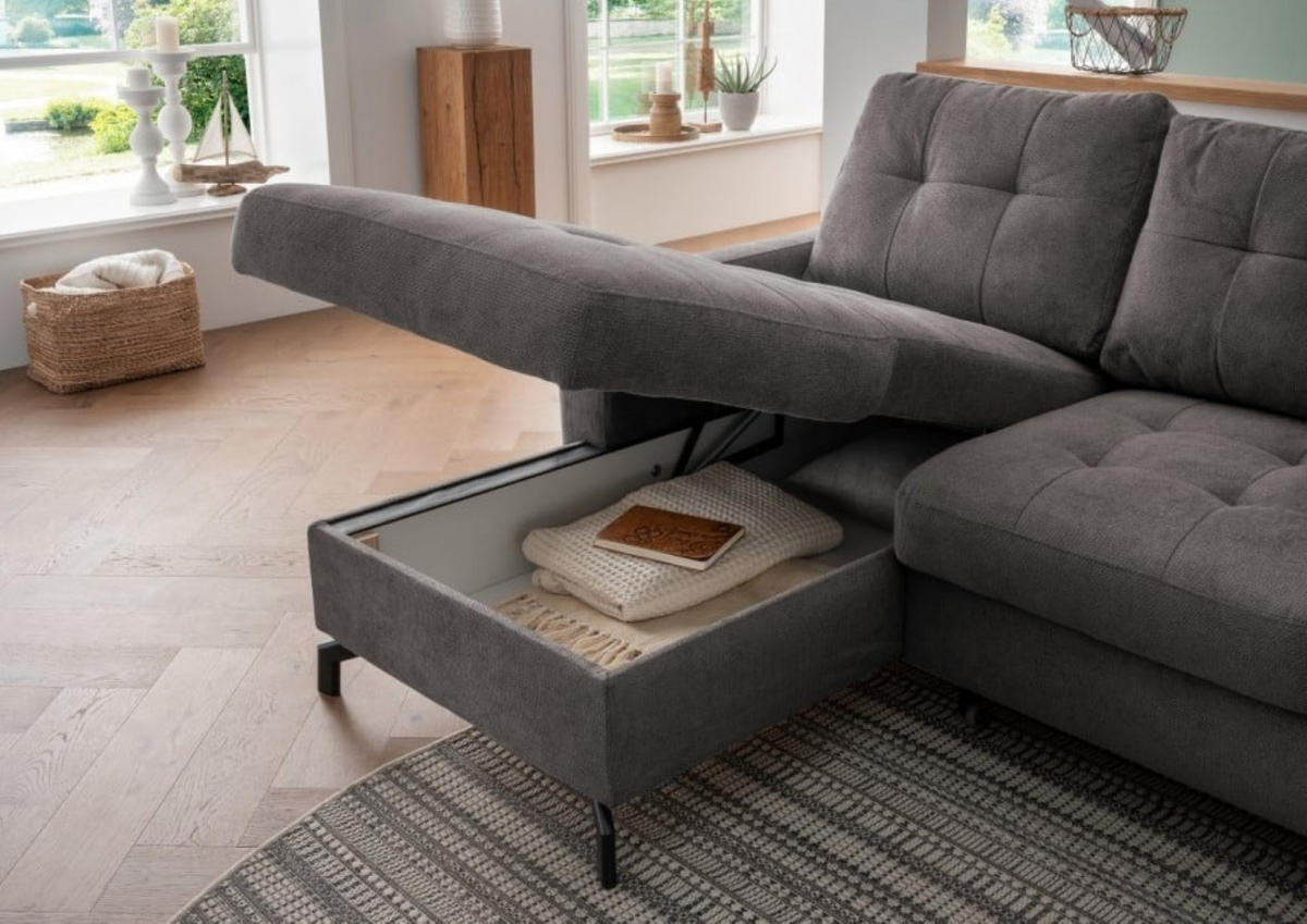 ECKSOFA mit Schlaffunktion und Bettkasten, Luxus-Mikrofaser - Anthrazit/Schwarz, Textil/Metall (230/150cm) - myHomelando