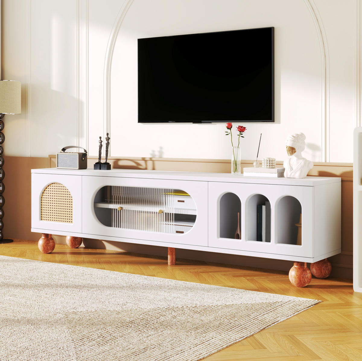 TV-ELEMENT mit Glasschiebetür 170 x 47 x 37 cm Weiß Holzoptik - Weiß, Holzwerkstoff (37/47/170cm) - Beauniv