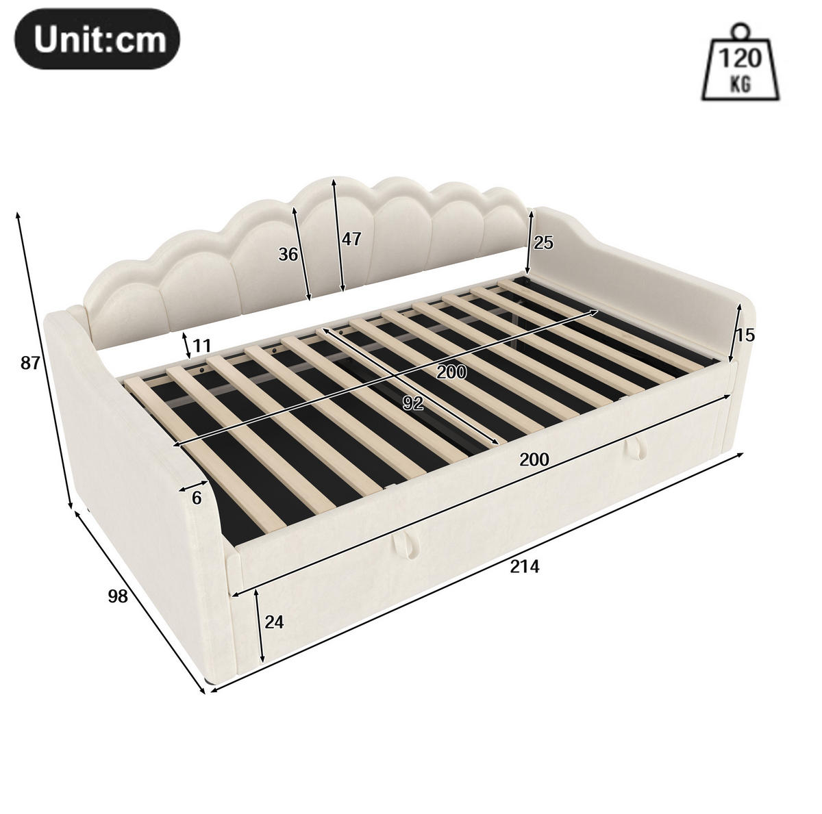DNEVNA postelja iz žameta in MDF 90x200 cm bež/roza z hidravličnim predalom, LED osvetlitvijo in valovitim vzglavjem - bež, tekstil (90/200cm) - Modfu
