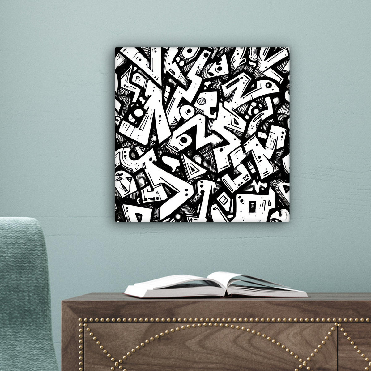 LEINWANDBILD Formen - Buchstaben - Graffiti - Schwarz Deko Wohnzimmer 20x20 cm - Schwarz, Textil (20/20cm) - MuchoWow