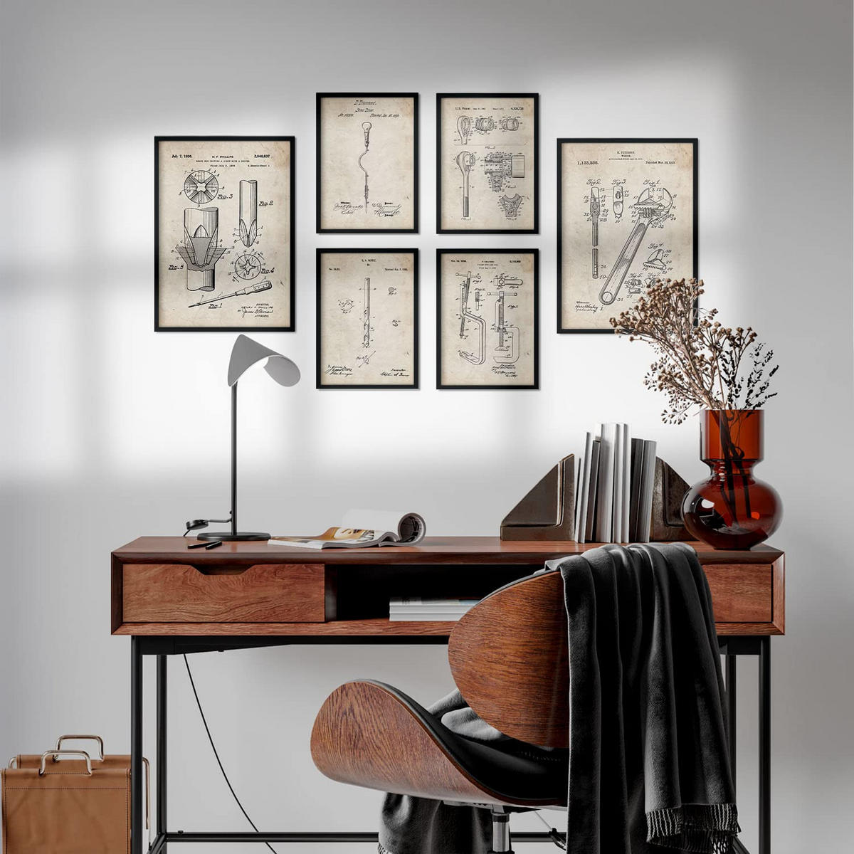 POSTER Set Mit 6 Mit Bauwerkzeuge 1 Patenten Im Vintage Stil A3 & A4 Rahmen Aus Hellem Holz - Beige, Papier (29/3cm) - Nacnic