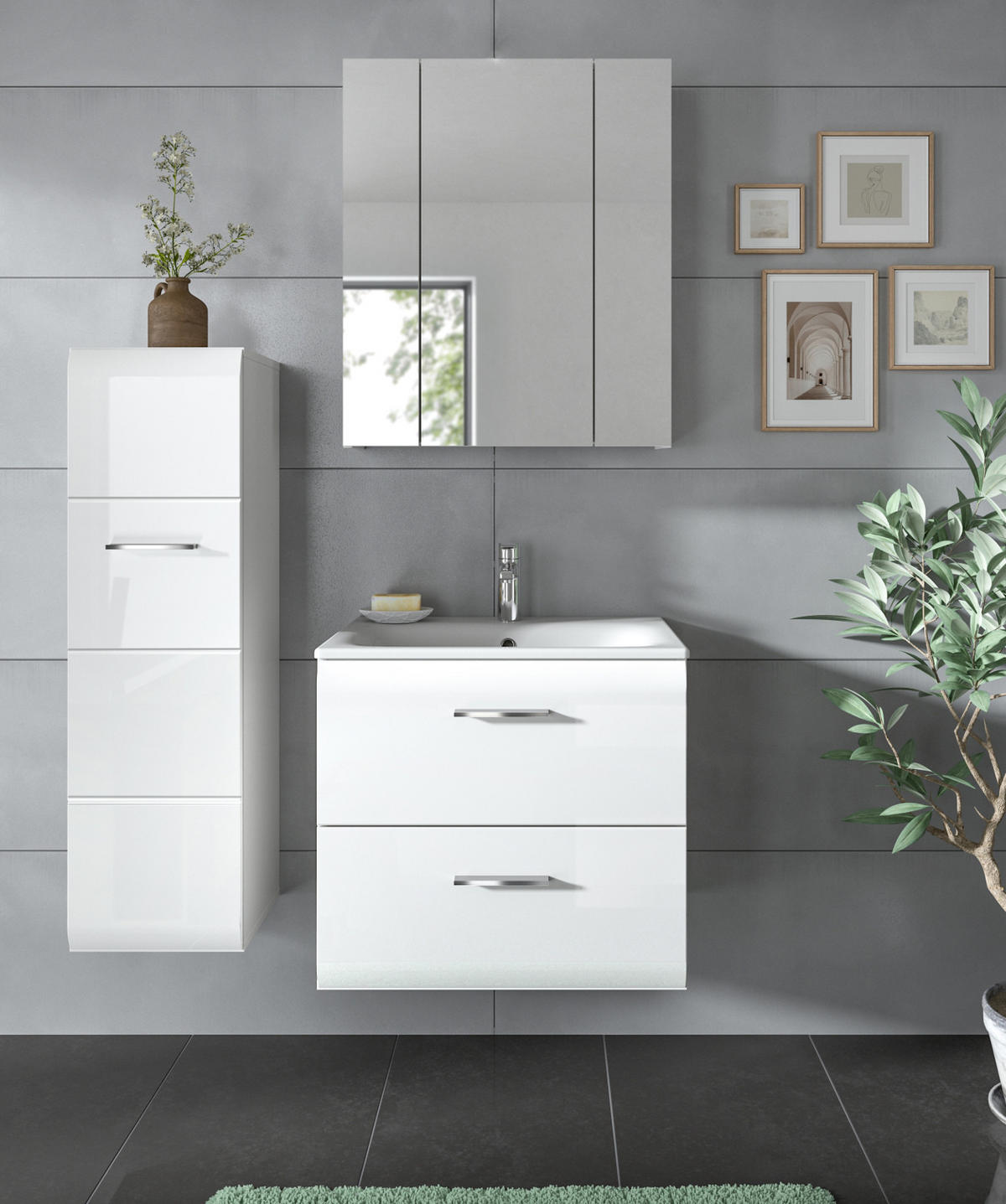 BADMÖBEL-SET weiß Hochglanz 3-teilig 105 cm, Komplettset inklusive Waschbecken - Weiß Hochglanz/Silberfarben, Glas/Holzwerkstoff (105/185/46cm) - Inn.Furn