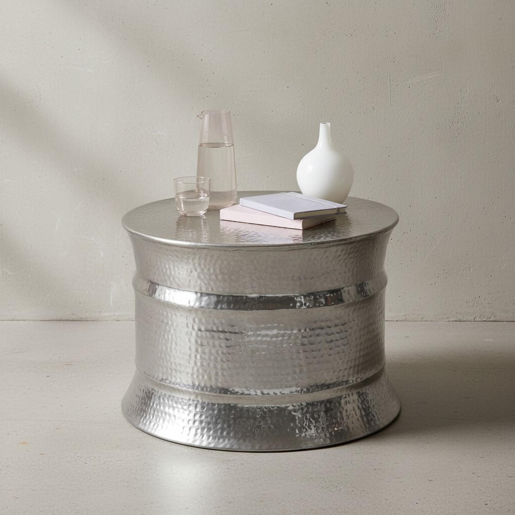 COUCHTISCH orientalisch rund Aluminium Hammerschlag-Look handgefertigt, Silber 62 x 62 x 41 cm - Silberfarben, Metall (62/62/41cm) - KADIMA DESIGN