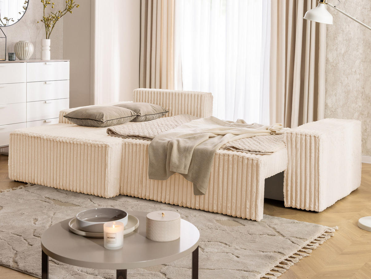 ECKSOFA Rivio mit Schlaffunktion und Bettkasten, Plüschcord Helbeige - Beige/Schwarz, Holz/Kunststoff (149/262cm) - S-Style