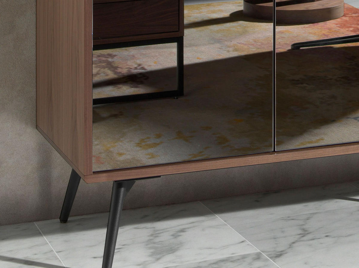 SIDEBOARD Sideboard aus schwarzem Glas mit Spiegeleffekt, Walnuss und schwarzem Stahl 180/50/76 cm - Walnussfarben/Schwarz, Holz (180/76/50cm) - ANGEL CERDA