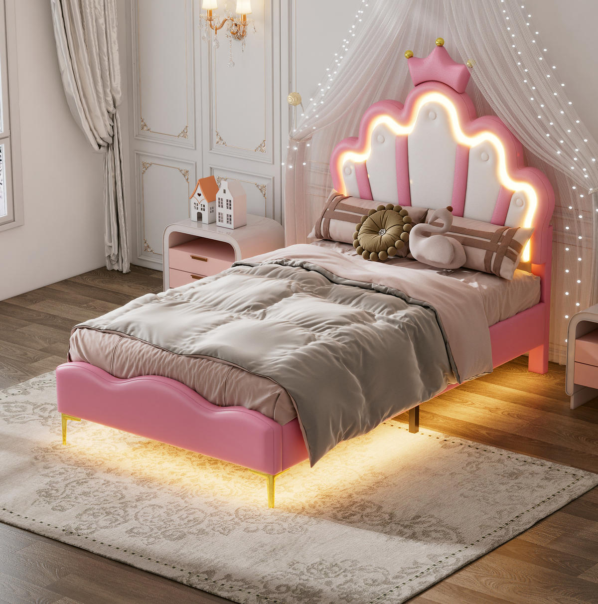 KINDERBETT aus PU-Kunstleder 90x200 cm Rosa mit LED-Beleuchtung, höhenverstellbarem Kopfteil und Kronendesign - Rosa, Kunststoff (90/200cm) - Modfu
