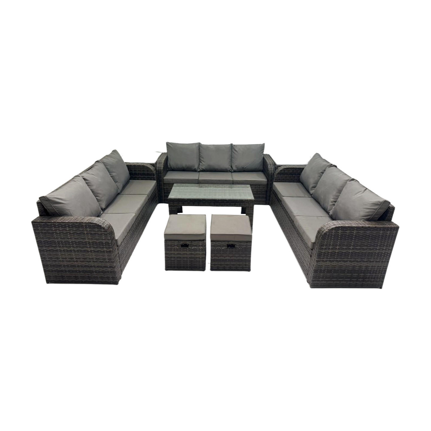 GARTENSOFA SET mit rechteckigem COUCHTISCH Polyrattan 11-Sitzer Dunkelgrau - Dunkelgrau/Grau, Glas/Kunststoff - Fimous