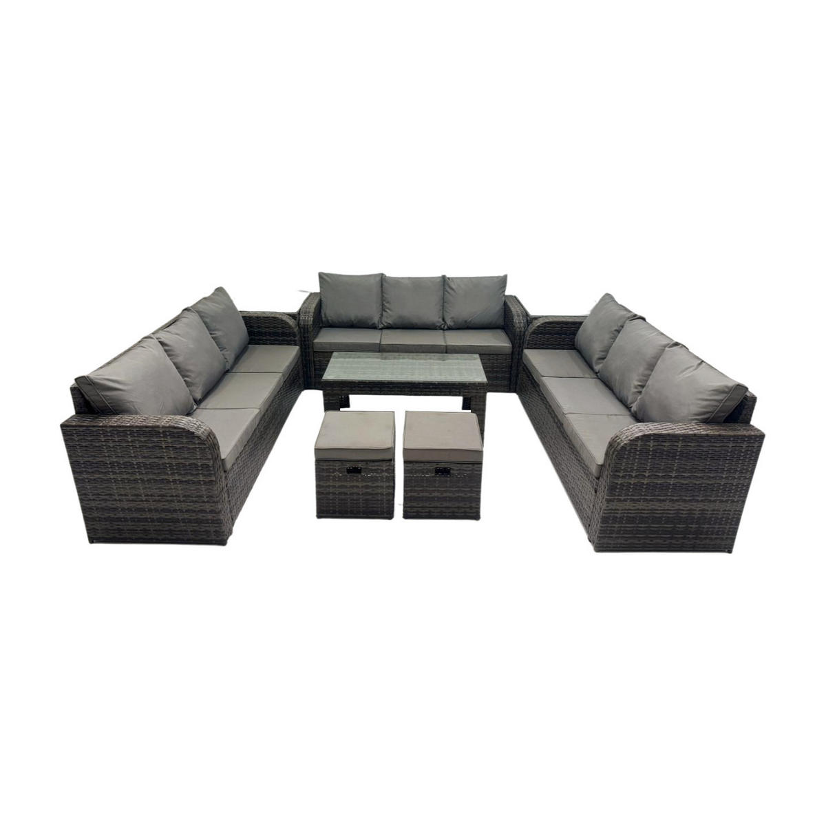 GARTENSOFA SET mit rechteckigem COUCHTISCH Polyrattan 11-Sitzer Dunkelgrau - Dunkelgrau/Grau, Glas/Kunststoff - Fimous