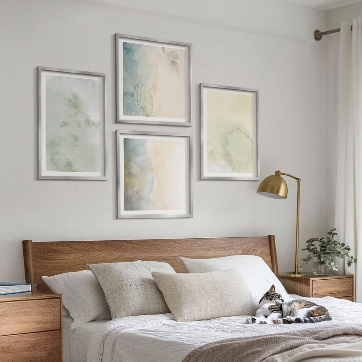 BILDER SET 4er Set - 50x50 cm & 40x60 cm Silberner Rahmen - Pastellfarbene Aquarell-Leinwandtextur - Silberfarben, Kunststoff (50/50cm) - TULUP