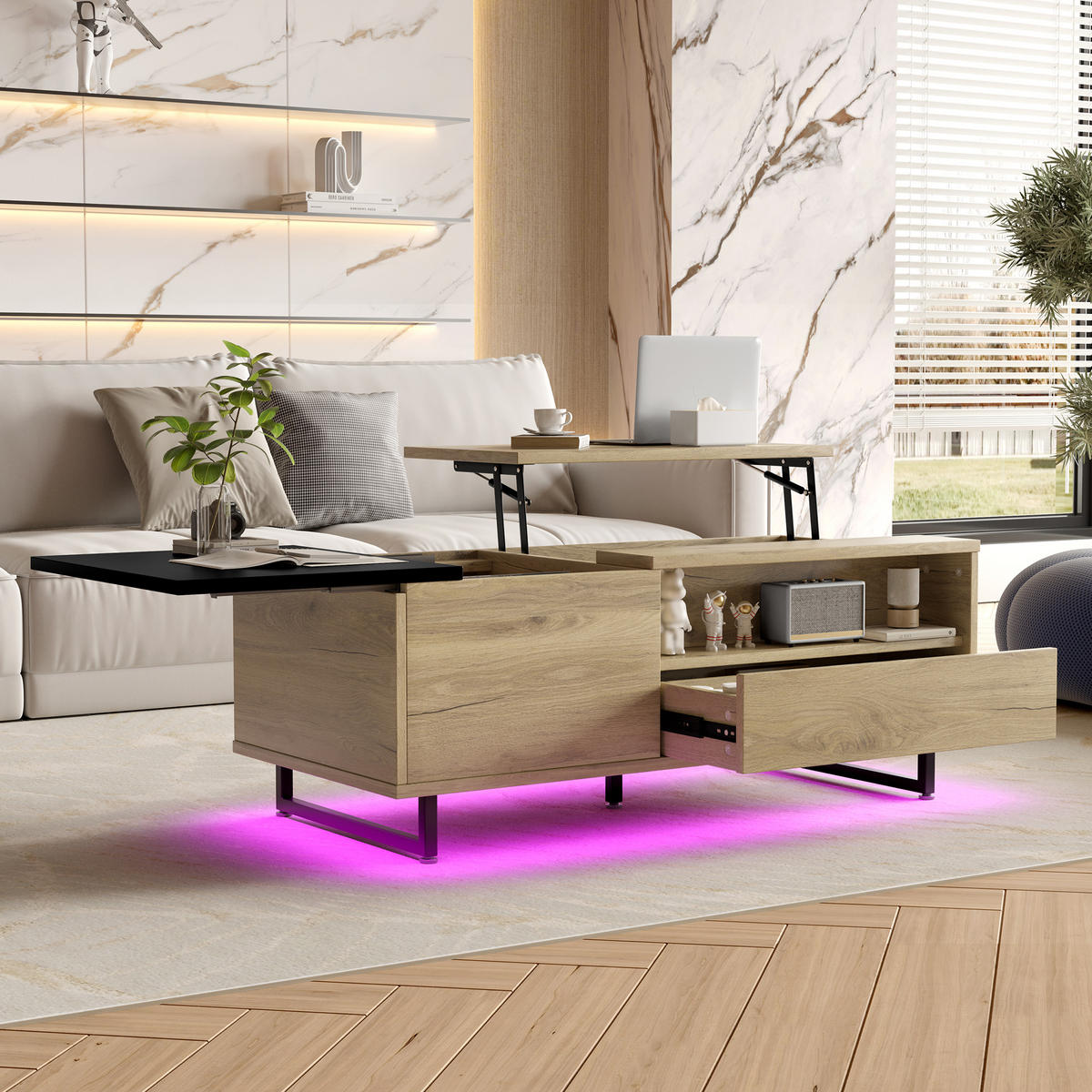 COUCHTISCH mit LED-Streifen an der Unterseite, Schubladen und Fächern, Naturfarbe - Naturfarben, Holz (106.5/50/27.5cm) - KOMHTOM