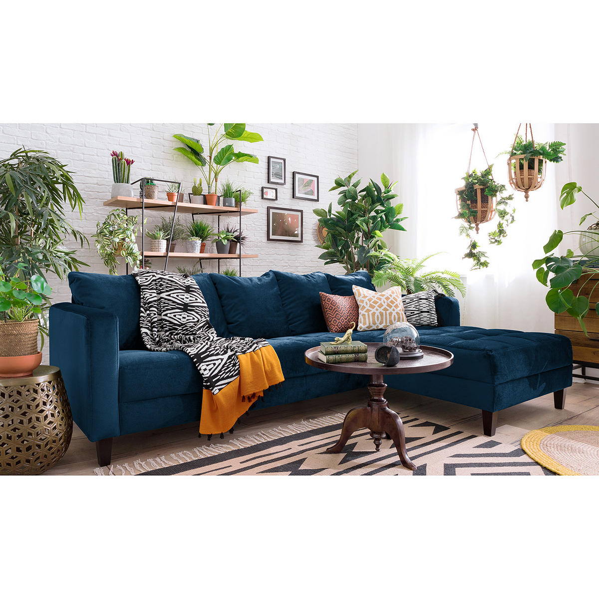 ECKSOFA mit Ottomane - Samt - Petrol, Textil (254/165cm) - home24