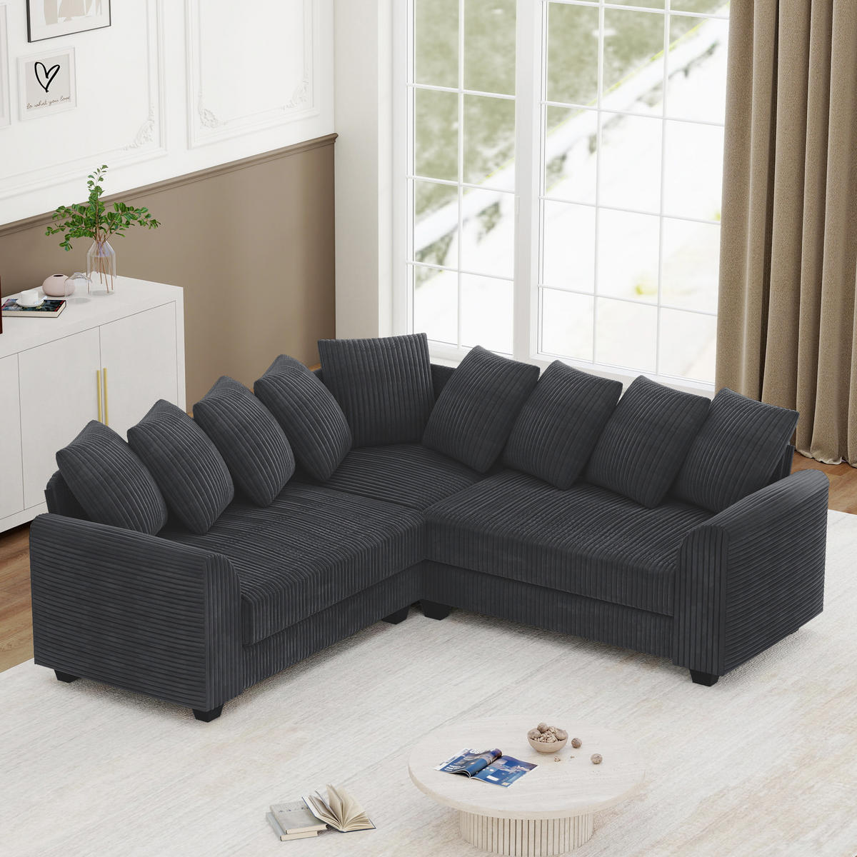 ECKSOFA L-Form Cord 83 cm Sitztiefe, 8,5 cm Füße inkl. 9 Kissen 202/202/74 cm Grau - Grau, Textil (202/202cm) - Redom