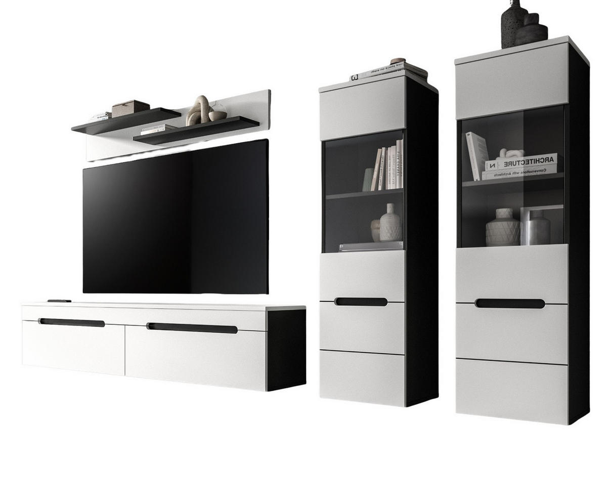 WOHNWAND weiß, grau, Wohnkombination 4-teilig hängend / stehend 272 cm, Cooper - Schwarz/Weiß, Glas/Holzwerkstoff (272/141/33cm) - Inn.Furn