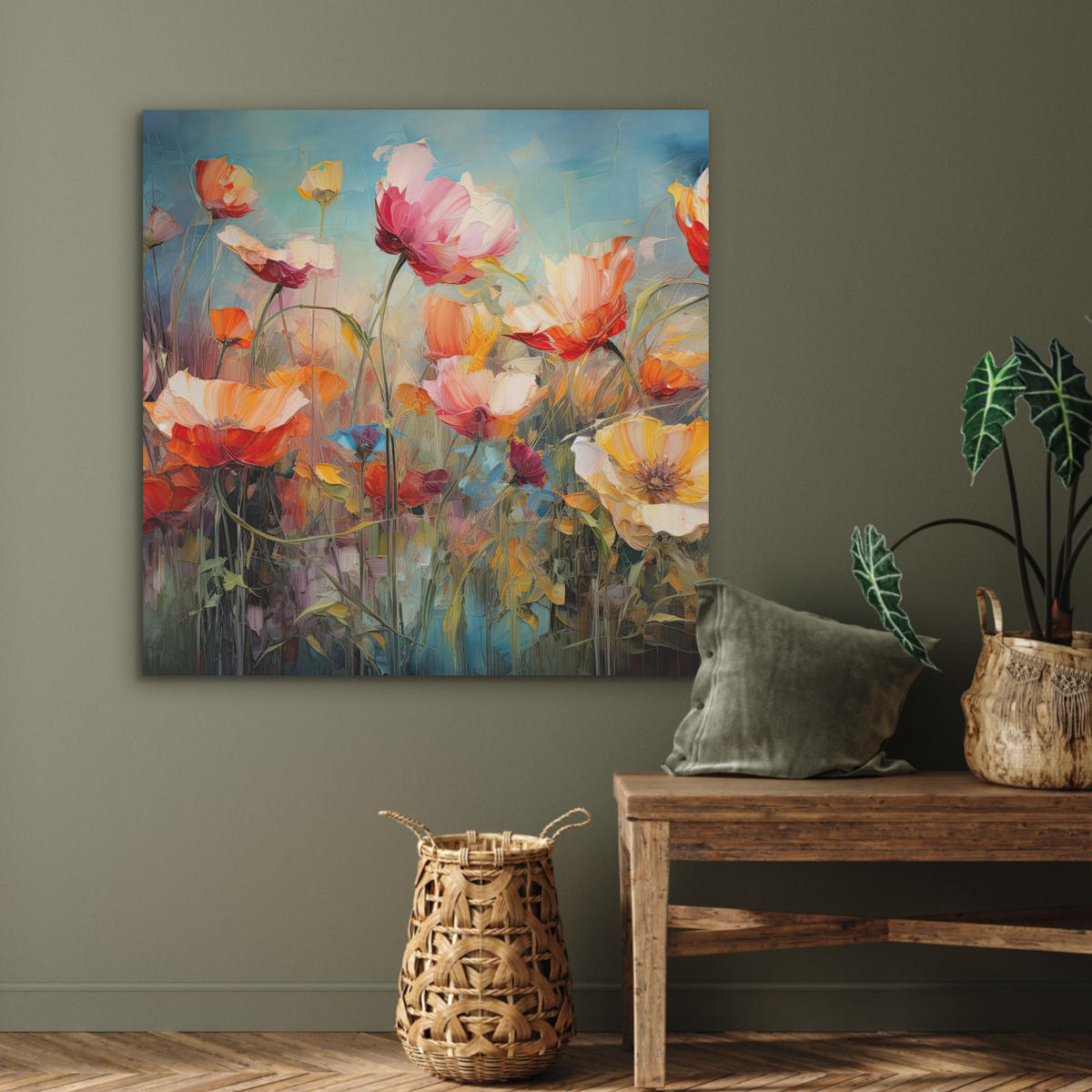 AKUSTIKPANEEL Blumen - Aquarell - Kunst - Botanisch - Natur 90x90 cm - Orange, Textil (90/0.9/90cm) - MuchoWow
