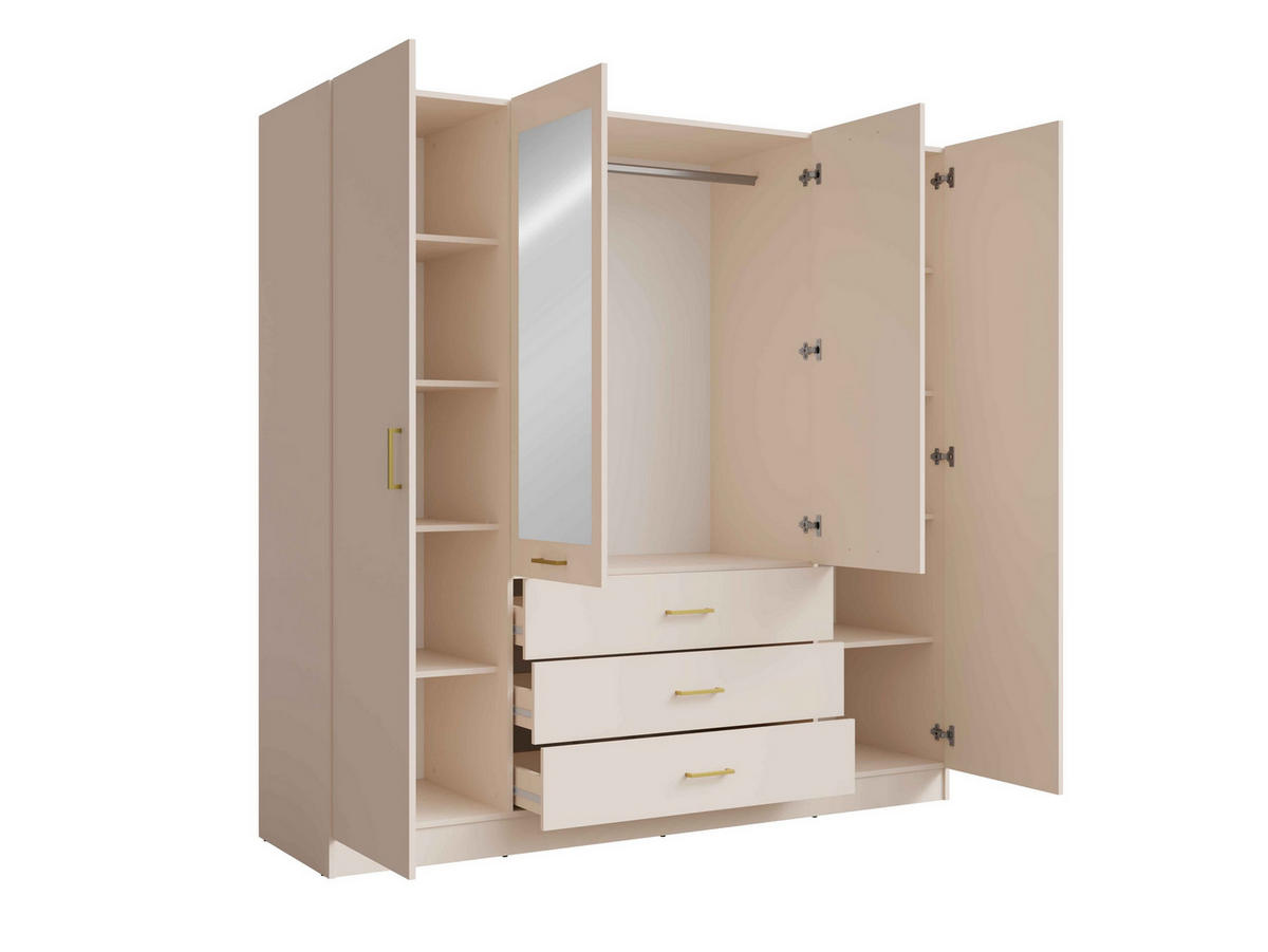 DREHTÜRENSCHRANK NEVARIS 200/200,5/58cm 4-türig mit Spiegel Sandbeige - Sandfarben, Holzwerkstoff (200/200.5/58cm) - MASSENO
