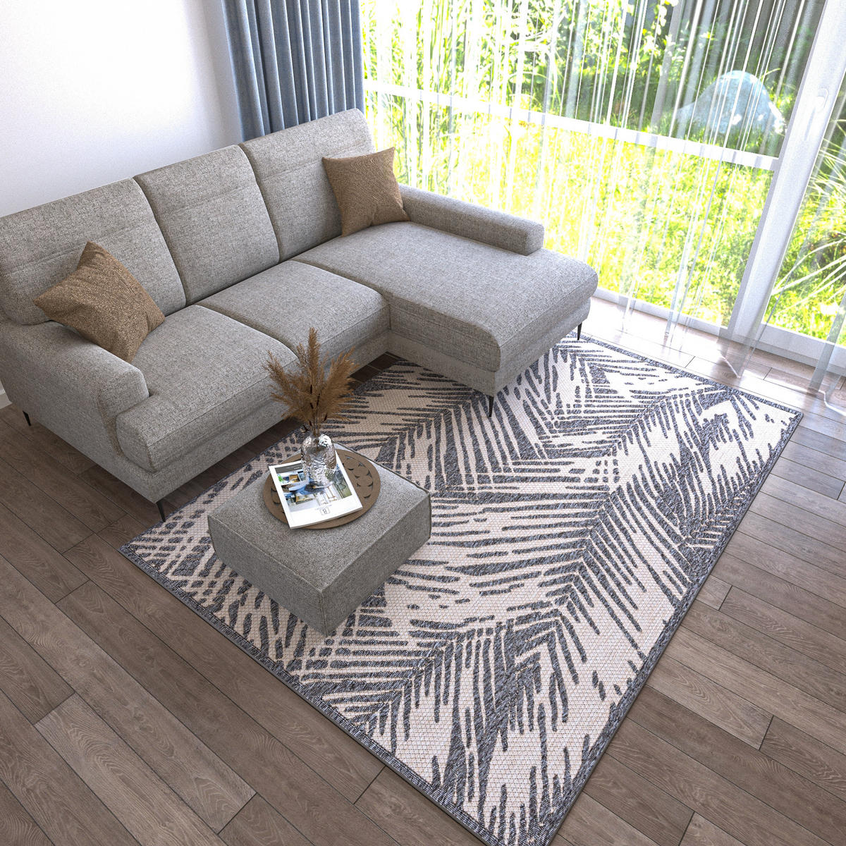 TEPPICH Beige In-Outdoor - Kurzflor Rechteckig, Motiv Pflanzen, Blätter, Blumen - 160 x 230 cm - Beige/Hellgrau, Textil (160/230cm) - Mazovia