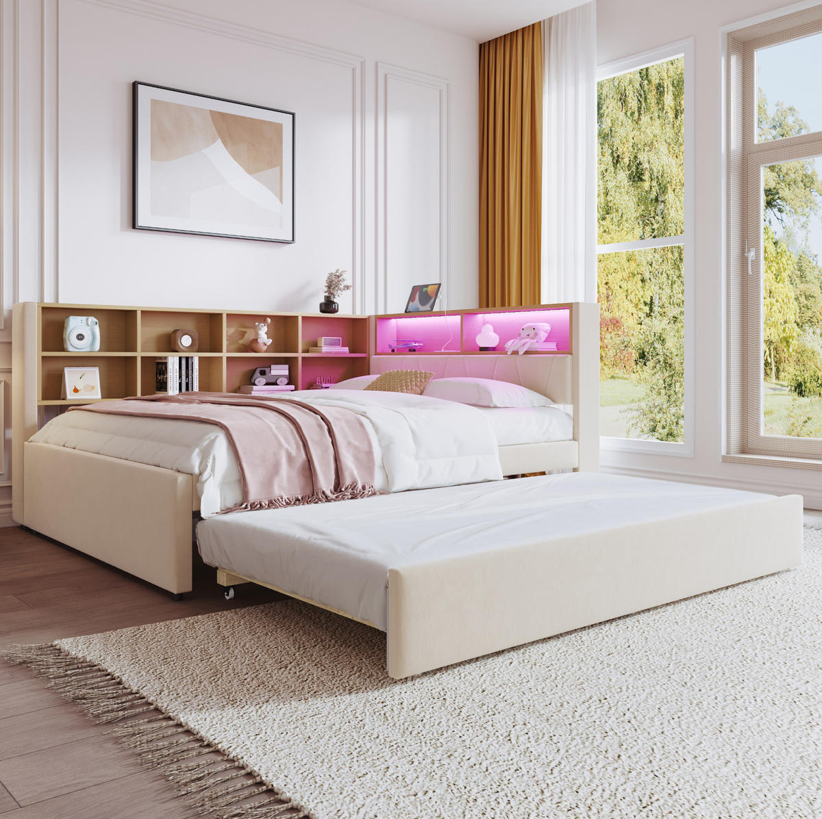 POLSTERBETT 140/200 cm aus Flanell mit LED-Leuchten, Beige - Beige, Textil (140/200cm) - OKMYHOME