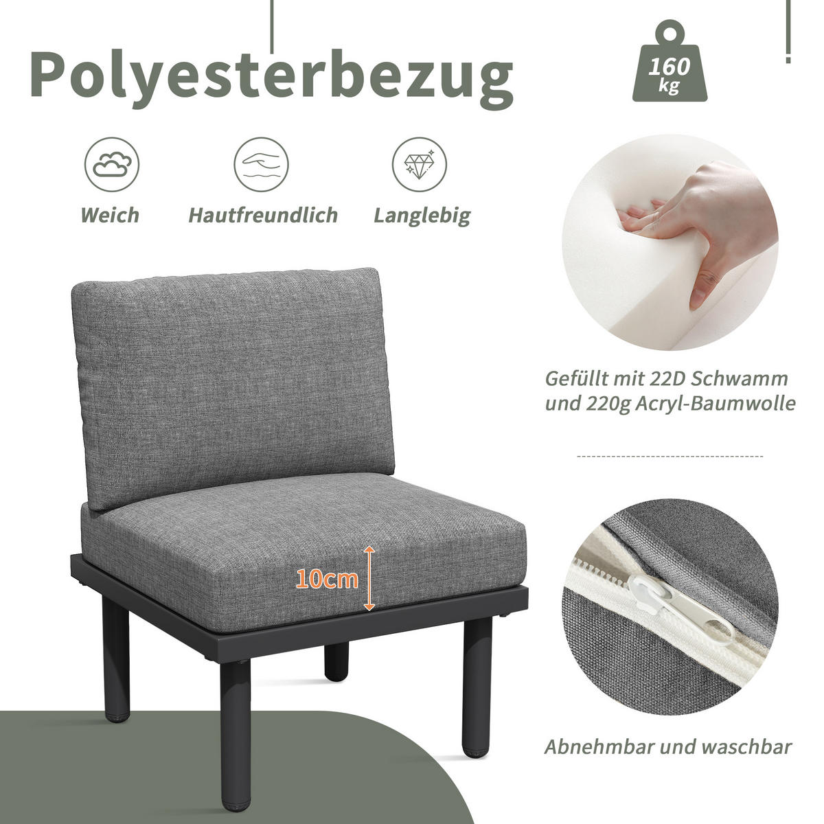 GARTENLOUNGE-SET 6er-Set Gartenmöbel Set Outdoor Sitzgruppe mit Sofa und Glas Tisch - Schwarz/Grau, Textil/Metall - STILVORA