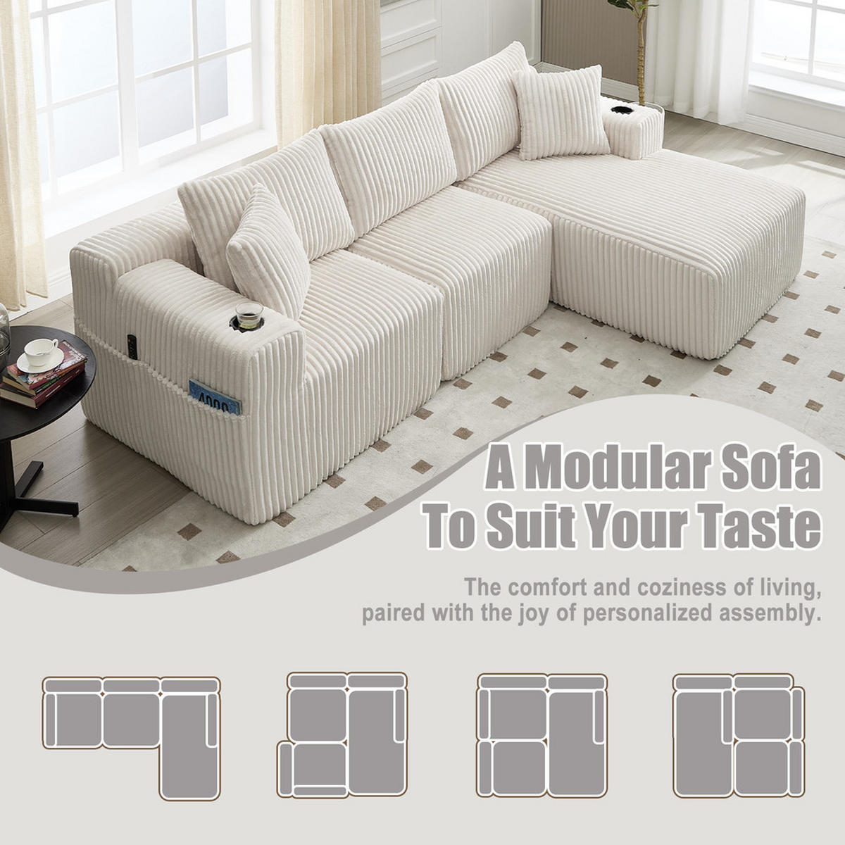 ECKSOFA Cord 257x160cm - Beige, Textil (160/257cm) - Raelunyi