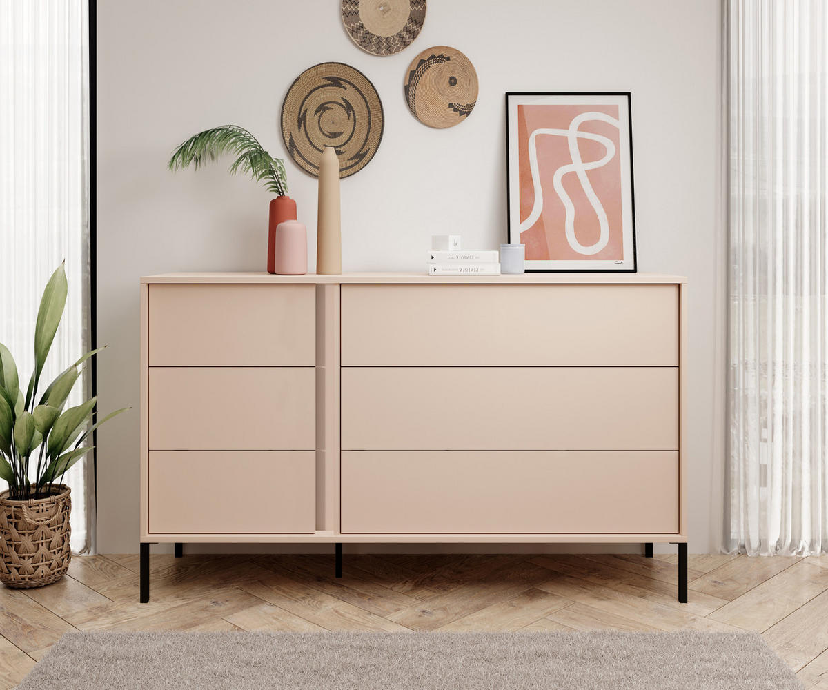 SIDEBOARD Piemontesia 6S Beige 137,3/81,4/39,5 cm – mit Push-to-Open-Funktion - Beige/Schwarz, Holzwerkstoff/Metall (137.3/81.4/39.5cm) - AX Living