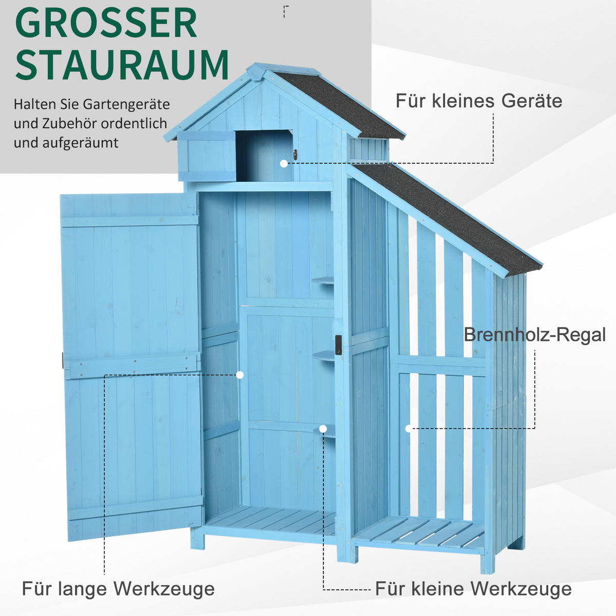 GARTENHAUS Geräteschuppen mit Brennholzlagerraum Asphaltdach, Tannenholz, Himmelblau - Blau, Holz (54/5/130cm) - Outsunny