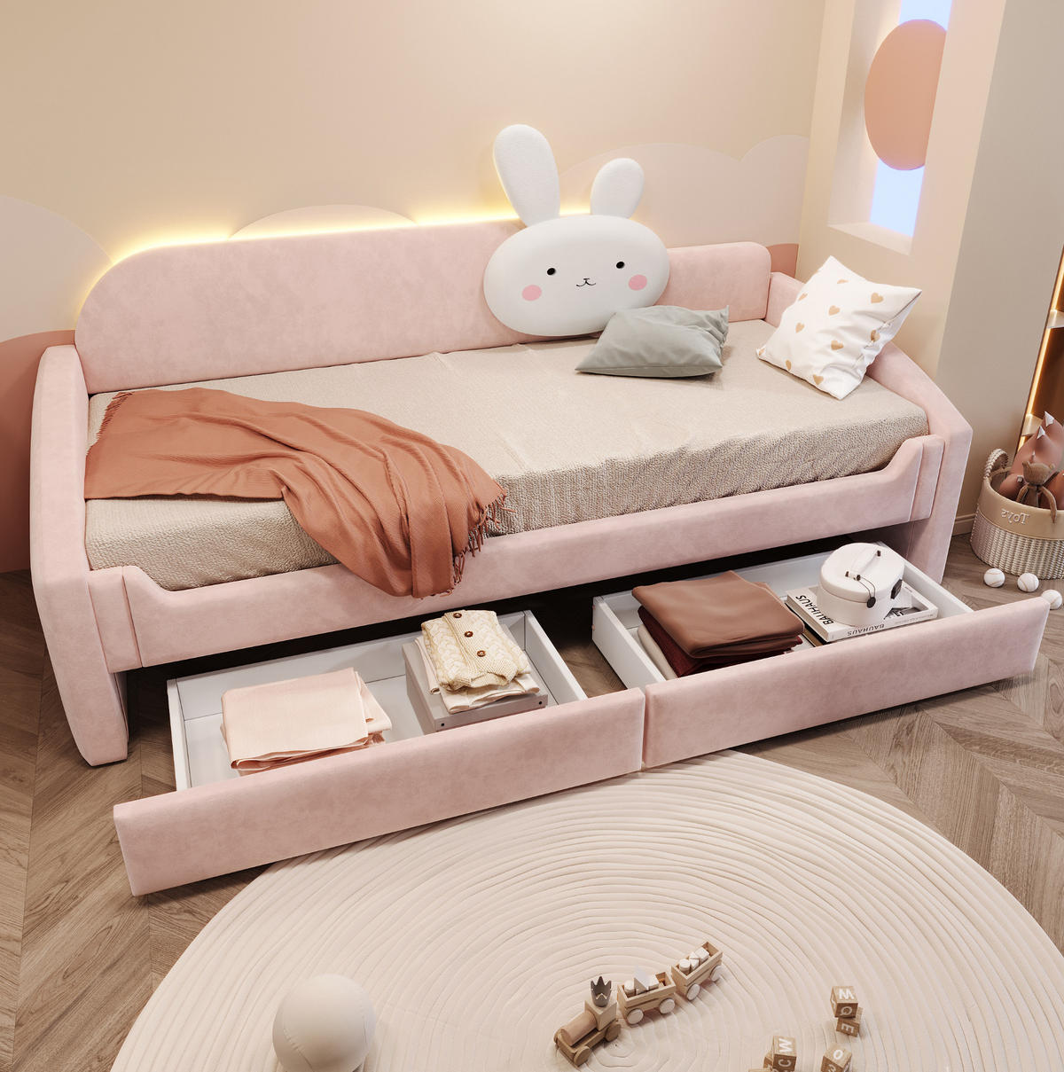 POLSTERBETT Kinderbett 90/200 cm Rosa mit LED und Stauraum - Rosa, Textil (90/200cm) - MIVRAY